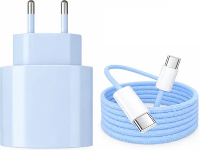 A light blue USB-C wall charger and a light blue USB-C cable are shown against a white background.