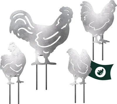 Produktbild von Hühner mit Krone, Gartendekoration, Rost, Hahn Dekoration, Hühnerdekoration, Gartenstecker, Rost, Hühner und Hahn aus Eisen (silber), Rostdekoration, Gartendekoration für Garten, Balkon und Terrasse