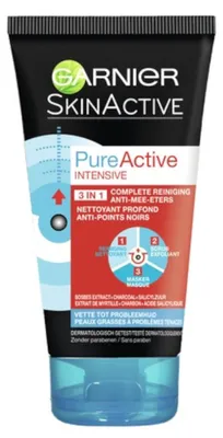 Produktbild von Garnier Skinactive Face Pure Active Intensive Charcoal 3-in-1 - 150ml - Gezichtsreiniging, Mitesser-Maske, Unisex, ölige Haut, Anti-Mitesser, Porenverkleinernd, Glanz, Weichmachend, Creme, All ages