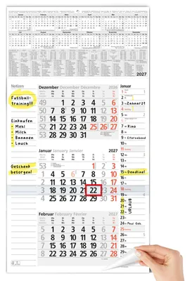 Produktbild von 3 Monatskalender 2027 Wandkalender mit Notizfeld Tagesliste Datumsschieber 30x56 cm