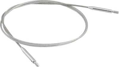 A coiled metal cable with metal connectors on each end, isolated on a white background.