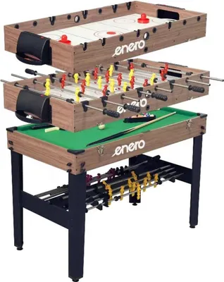 Obrázok produktu pre Drevený herný stôl 3 v 1 – stolný futbal, biliard a airhockey, 121 × 61 × 81 cm