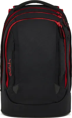 A black backpack with red trim and red zipper accents, shown from the front.