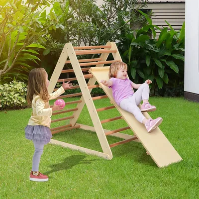 Produktbild von GOPLUS 2 in 1 Kletterdreieck mit Rutsche, Klappbare Klettergerüst aus Holz, Indoor Spielplatz Kinderrutsche bis zu 60 kg Belastbar, Natur
