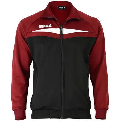 Vorderansicht der Omka-Sportjacke in Weinrot. Die Jacke verfügt über lange Ärmel, einen verstellbaren Bund und einen Markenabschluss mit Rippstruktur. Sie ist doppellagig und mit seitlichen Reißverschlusstaschen ausgestattet.