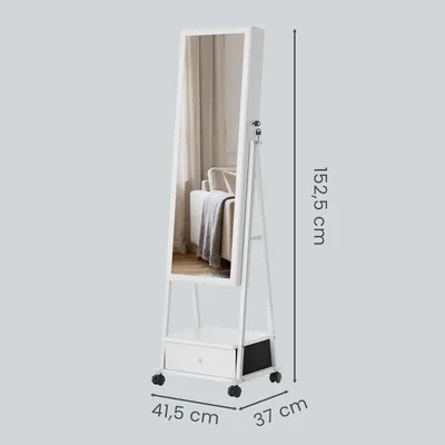 Produktbild von Schmuckschrank stehend - Schmuckspiegel - Abschließbar - Ganzkörperspiegel - Schublade & Ablage - Mit Rollen - Weiß