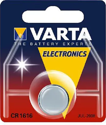 A Varta CR1616 lithium battery in its retail packaging.