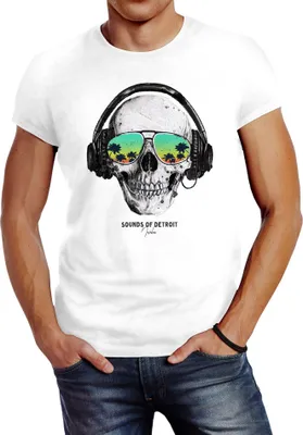 Produktbild von Herren T-Shirt Totenkopf Kopfhörer Musik Party Skull Sonnenbrille Schädel Sounds of Detroit Music Slim Fit Neverless® weiß S