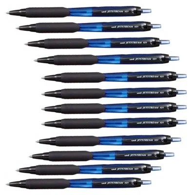 A stack of blue and black pens.