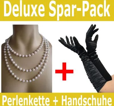 Produktbild von Foxxeo 50002 Spar-Pack | schwarze 20er Jahre Deluxe Handschuhe und Perlenkette | Mafia Charleston Deluxe Set