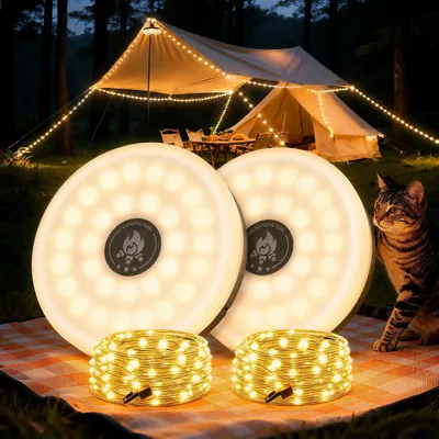 Produktbild von 2er 3-in-1 Camping Lichterketten Aufrollbar,5 Leuchtmodi,3 Modi,Tragbare LED Campinglampe,USB Wiederaufladbar Campingleuchte Campingausrüs,außen 10m