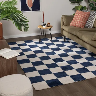 Produktbild von Volero - Teppich Kariert - Blox Blau Weiß - 200x290 cm - Wohnzimmer, Schlafzimmer, Büro - Retro