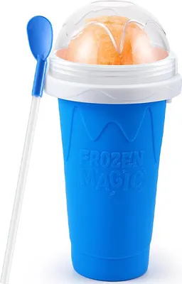 A blue slushy cup with a clear lid, filled with orange slush, and a blue spoon.