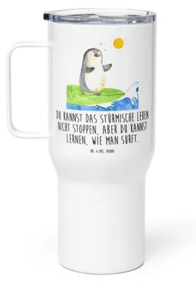 Produktbild von Mr. & Mrs. Panda Thermobecher Pinguin Surfer - Weiß - Geschenk, Trinkgefäß, Urlaub, Hawaii, thermosbecher, Portugal, Mehrweg-Kaffeebecher, Optimistisch, Motiviert, Wellen