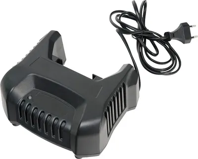A black battery charger with a power cord and plug is shown against a white background.