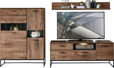 Produktbild von TV-Wohnwand-Set MINNEAPOLIS-55 Industrial-Design in Haveleiche Cognac Nachbildung mit Matera anthrazit, B/H/T ca: 310/165/48 cm