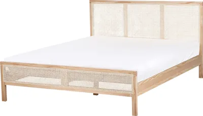 Obrázok produktu pre BELIANI Posteľ svetlohnedá borovicové drevo 160 x 200 cm s čelom s viedenským výpletom lamelový rošt minimalistický rustikálny štýl spálňa