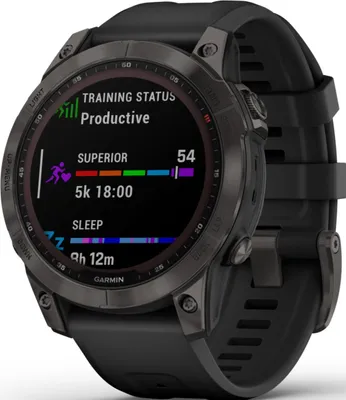 Close-up of a Garmin Fenix 7 smartwatch showing its screen with fitness data.