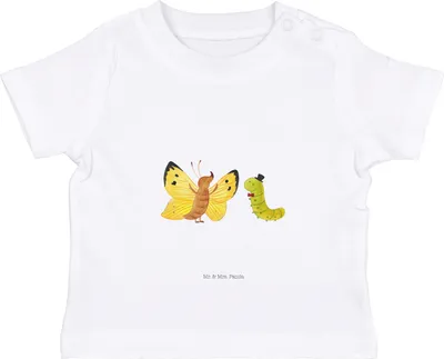 Produktbild von Mr. & Mrs. Panda  T-Shirt Raupe Schmetterling 0. - 6. Monat - Weiß - Geschenk, Baby Shirt, Entwicklung, Zitronenfalter, Baumwollshirt, Lustige Sprüche, Top, Kokon, Hut