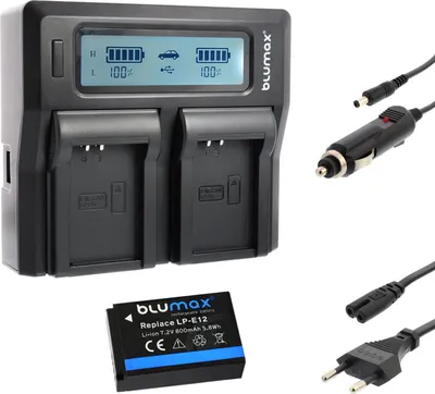 Produktbild von 1x Akku + Lader für Canon LP-E12 EOS M200 M100 M50 EOS 100D 800 mAh (7,2V)
