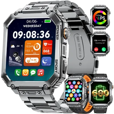 Zdjęcie produktu dla Inteligentny zegarek męski, zegarek sportowy w stylu militarnym z funkcją telefonu, ponad 100 trybów sportowych, monitor tętna, monitor snu, bateria 600 mAh, wodoszczelność IP68, kolor: czarny, odcień szarości