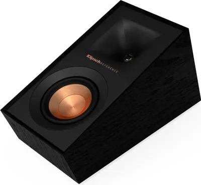 A single black Klipsch speaker with a copper woofer, angled on a white background.