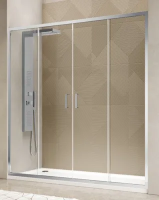 Produktbild von Duschkabine 180 cm Wandwand mit zwei festen Glasplatten und zwei Glasschiebeplatten mit Öffnung in der Mitte Höhe 200 cm Transparent – FRASCIO