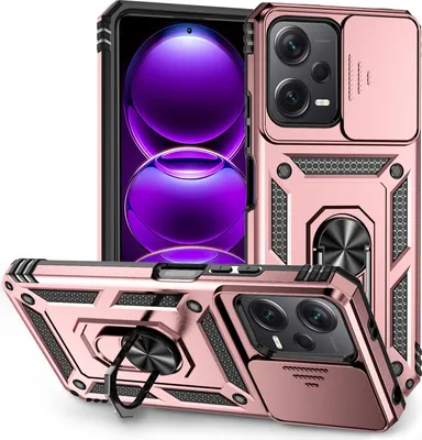 Image de Étui pour Xiaomi Redmi Note 12 5G étui double couche avec couvercle coulissant pour appareil photo et anneau de support Rose