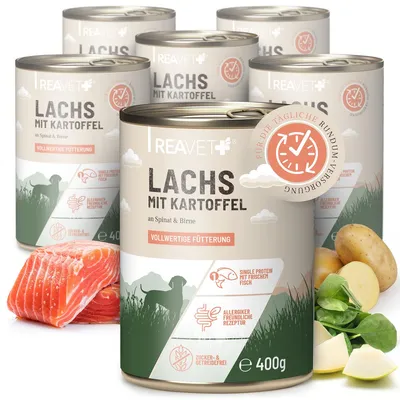 Produktbild von REAVET Hundenassfutter - Lachs mit Kartoffeln an Spinat & Birne 6 x 400g | mit hohem Fleischanteil & viel Muskelfleisch, Getreidefrei, Ohne Zucker