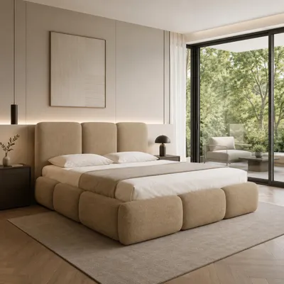 Productafbeelding van FURNISTAR Gestoffeerd bed BOVA, 200x200 cm, gestoffeerd bed met opbergruimte, bewaarloog en lattenbodem, tweepersoonsbed, boxspring-look, cappuccino