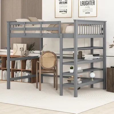 Immagine prodotto di Letto per bambini Fortuna Lai, letto a soppalco 140x200cm con vani portaoggetti e scrivania integrata, letto a soppalco per bambini, in legno di pino massiccio di alta qualità e MDF, compresa rete a doghe, grigio