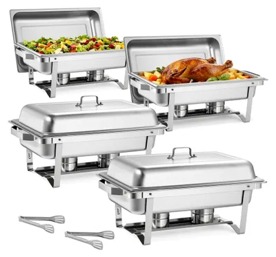 Produktbild von Rechteckiges Chafing Dish Set 8,5 L Speisenwärmer (4 Stück) Buffet Warmhaltebehälter mit Griff, 2 Zangen, Deckel und Brennstoffhalter, geeignet für Bankett, Feierlichkeiten und Hochzeiten in Silber