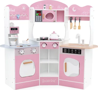 Produktbild von DREAMADE Eckküchen-Spielset, hölzerne Spielküche für Kinder mit Kaffeemaschine, Ofen, Mikrowelle, Waschmaschine & Zubehör, ab 3 Jahren (rosa)