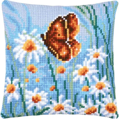 Produktbild von Stempelmuster von Vervaco für ein Kreuzstich-Kissen "Schmetterling und Blumen I", 40 x 40 cm