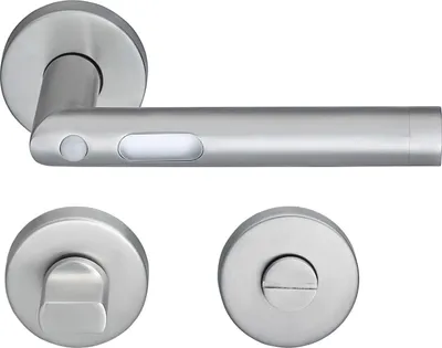 A set of stainless steel door handles and related hardware, including a lever handle with an LED indicator, and two circular rosettes.