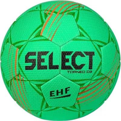 A green handball with orange markings and black text.