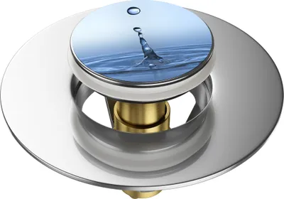 A close-up studio shot of a pop-up drain stopper with a water droplet motif.