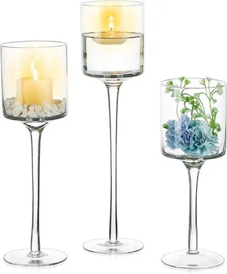 Immagine prodotto di Set di 3 portacandele in vetro Unyqoos®, altezza: 20/23/26 cm, adatti per candele votive e candele cilindriche con diametro massimo di 8 cm, eleganti decorazioni per la tavola, ideali per matrimoni