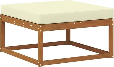 Productafbeelding van Buitenvoetbank van massief acaciahout, tuinbank met kussen in crème, modulaire loungevoetbank voor tuin, terras en balkon, naturel, 79x79x37 cm