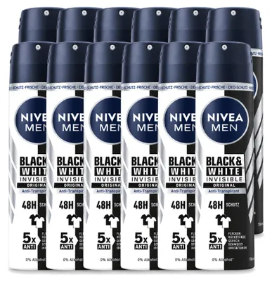 Image de 12 sprays déodorants Nivea Men Black & White Invisible Original, 150 ml - Pack économique - 12 pièces