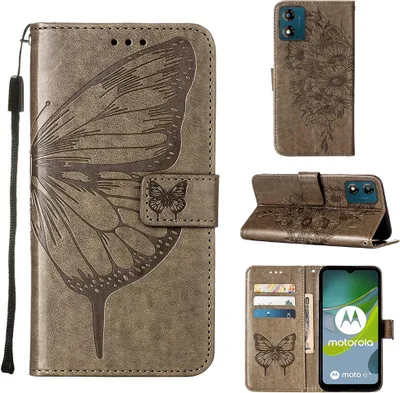 Produktbild von Lederhülle für Motorola Moto E13 Schmetterling Prägung Flip Ledertasche Kartenfächer Handyhülle mit Ständer Grau