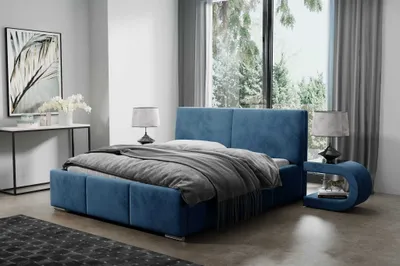 Produktbild von AGMAT Polsterbett FIGO mit Kopfteil, 140 x 200 cm, Doppelbett mit Bettkasten und Lattenrost aus Metall, Velourstoff: Blau
