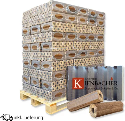 A pallet stacked with wrapped briquettes, with a few briquettes in the foreground and a logo in the midground.
