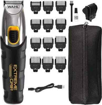 Immagine prodotto di Regolabarba WAHL Extreme Grip, 240 min di autonomia, 12 accessori (1,75-9 mm), accessorio regolabile (2-11 mm), nero/arancione