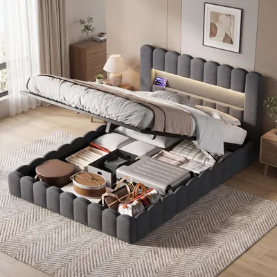 Produktbild von INONEFT Polsterbett 140x200cm mit LED, Jugendbett Doppelbett mit Lattenrost/stauraum, Stauraumbett Boxspringbett mit USB, Stauraumbett Leinen, Grau