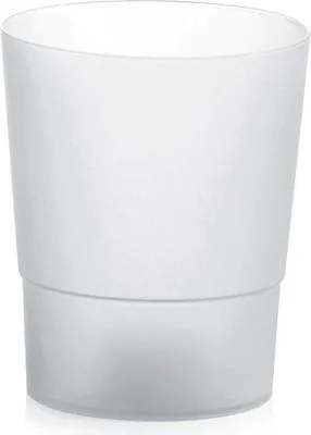 A plain white background with a single frosted white plastic cup.