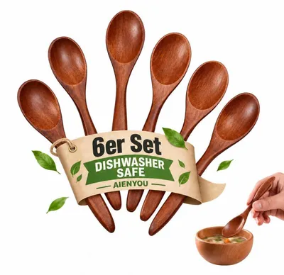 Immagine prodotto di Cucchiai da zuppa in legno di nanmu, set da 6 pezzi, 14 cm, legno naturale