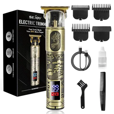 Imagen del producto de Cortapelos y recortador de barba para hombres - Cortapelos inalámbrico - Carga mediante USB-C - Pantalla LED - 3-4 peines guía - Cuchillas de acero inoxidable - Color dorado