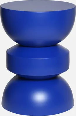 A blue, three-tiered side table.
