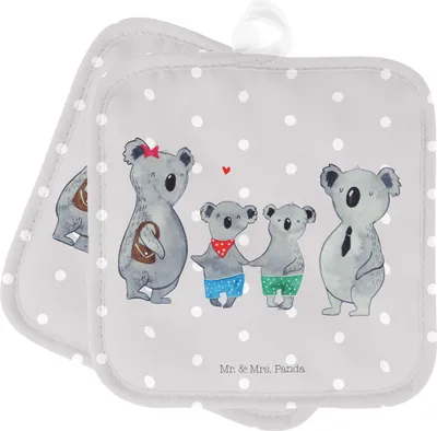 Produktbild von Mr. & Mrs. Panda Kochlappen Koala Familie zwei - Grau Pastell - Geschenk, Topfuntersetzer, Topflappen Set, Koalabär, Muttertag, topfhalter, Topflappenset